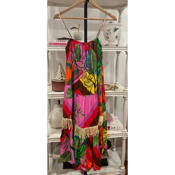 Anthropologie Farm Rio Palila Fringed Midi Dress Summer Topical Print Size XS - Picture 3 of 5